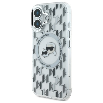 Coque MagSafe pour Apple iPhone 16, Karl Lagerfeld, IML Monogramme Karl & Têtes de Choupette, Transparente