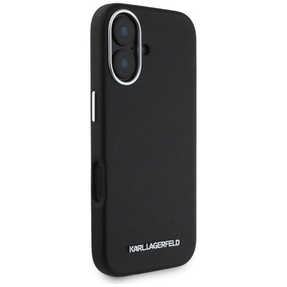 Étui MagSafe pour Apple iPhone 16, Karl Lagerfeld, Saffiano Full Wrapped Elongated Metal Logo, Noir