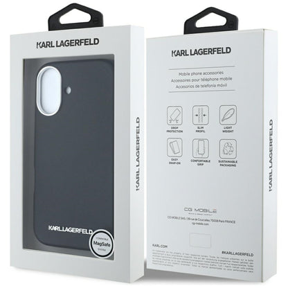 Étui MagSafe pour Apple iPhone 16, Karl Lagerfeld, Saffiano Full Wrapped Elongated Metal Logo, Noir