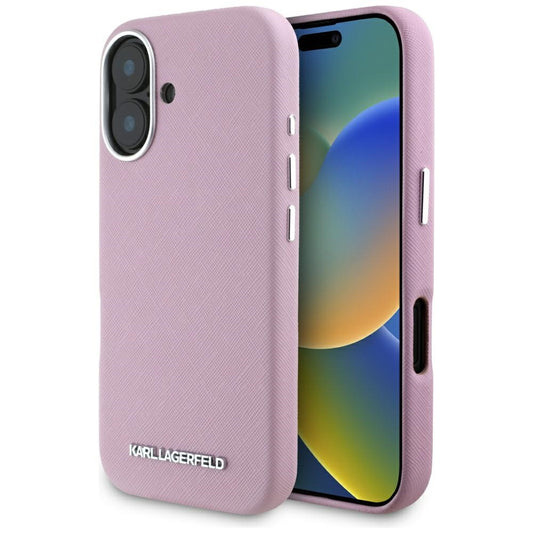 Étui MagSafe pour Apple iPhone 16, Karl Lagerfeld, Saffiano Full Wrapped Elongated Metal Logo, Rose