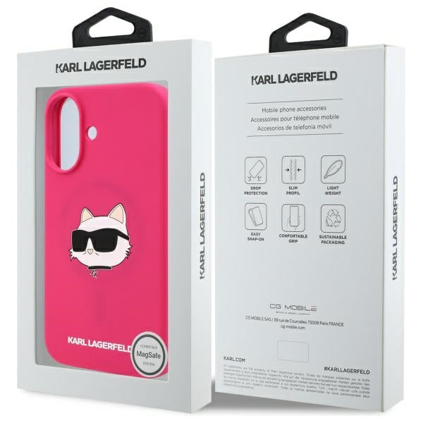 Housse MagSafe pour Apple iPhone 16, Karl Lagerfeld, Silicone Tête de Choupette, Fuchsia