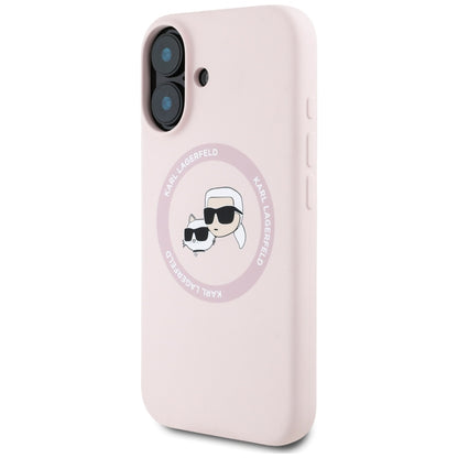 Coque MagSafe pour Apple iPhone 16, Karl Lagerfeld, Silicone Karl & Choupette's Heads, Rose