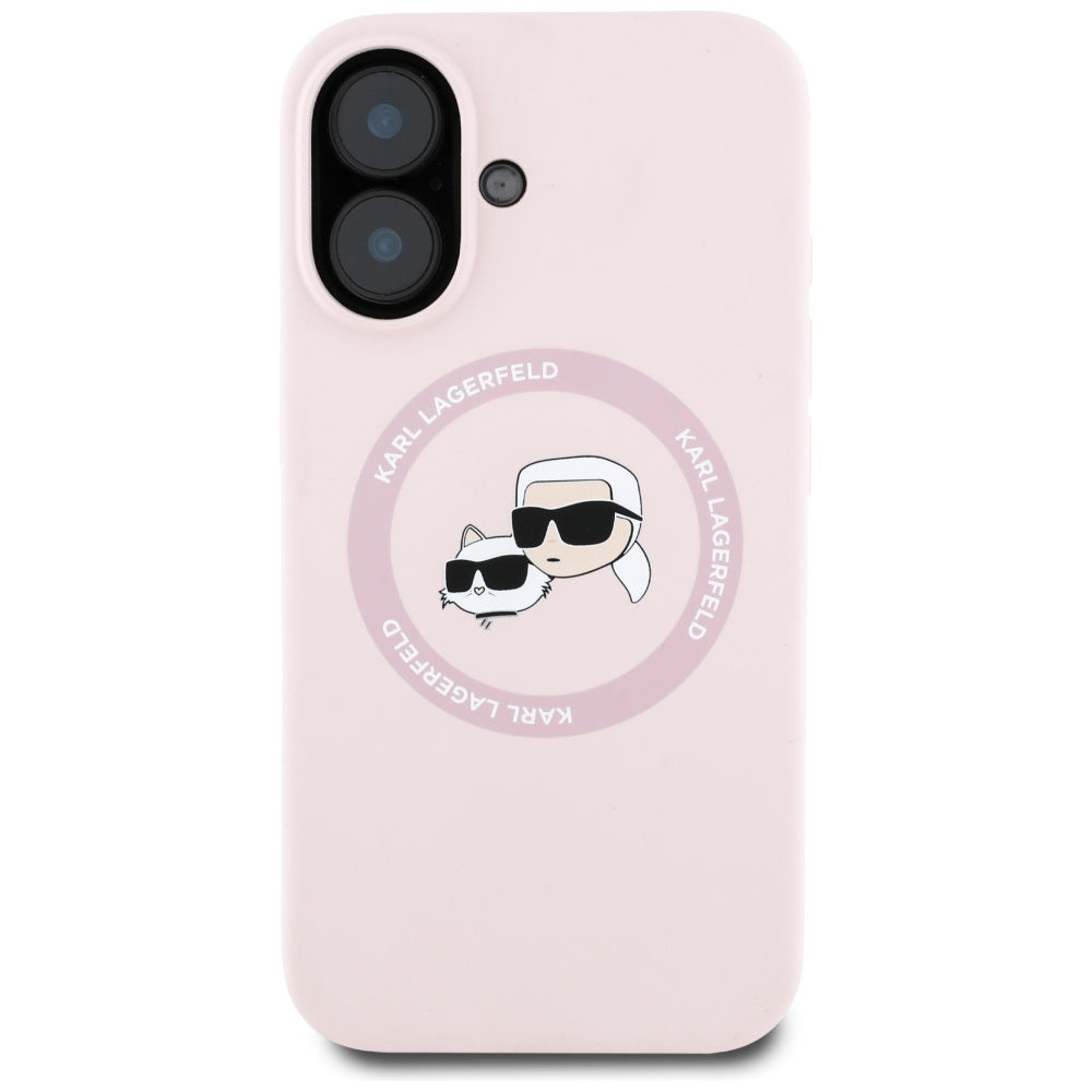 Coque MagSafe pour Apple iPhone 16, Karl Lagerfeld, Silicone Karl & Choupette's Heads, Rose