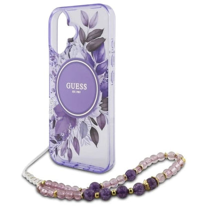MagSafe Case for Apple iPhone 16 Plus, Guess, IML Flowers with Pearl Strap, Purple