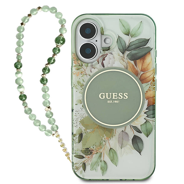 Coque MagSafe pour Apple iPhone 16 Plus, Guess, IML Flowers with Pearl Strap, Vert