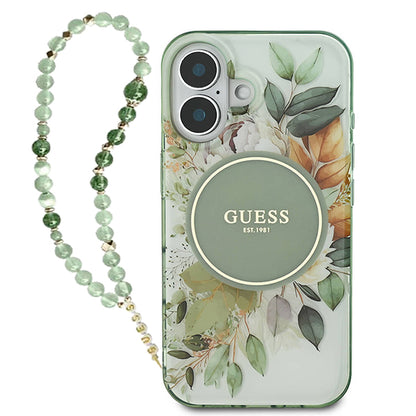 Coque MagSafe pour Apple iPhone 16 Plus, Guess, IML Flowers with Pearl Strap, Vert