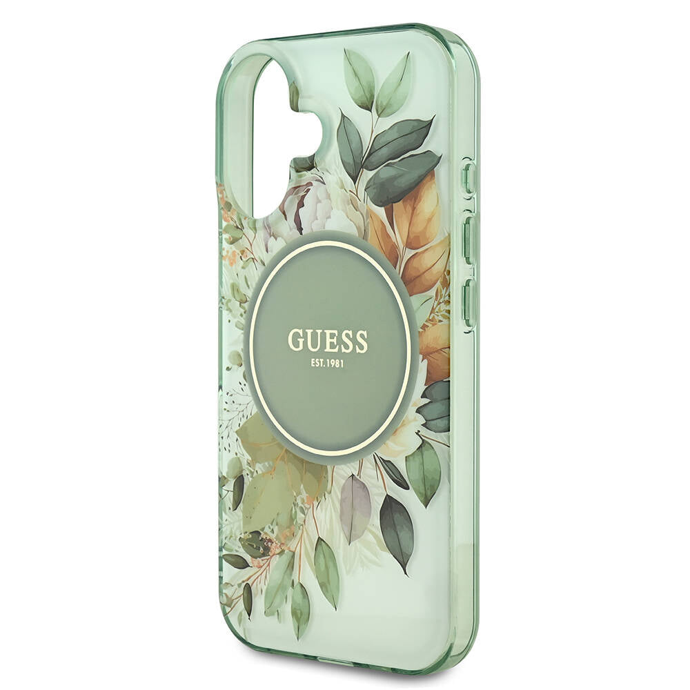 Coque MagSafe pour Apple iPhone 16 Plus, Guess, IML Flowers with Pearl Strap, Vert