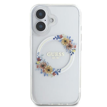 Étui MagSafe pour Apple iPhone 16 Plus, Guess, IML Flowers Wreath, Transparent