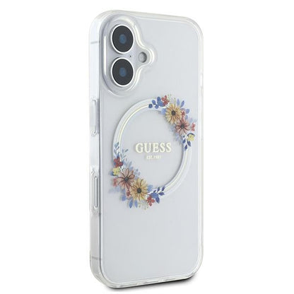 Étui MagSafe pour Apple iPhone 16 Plus, Guess, IML Flowers Wreath, Transparent