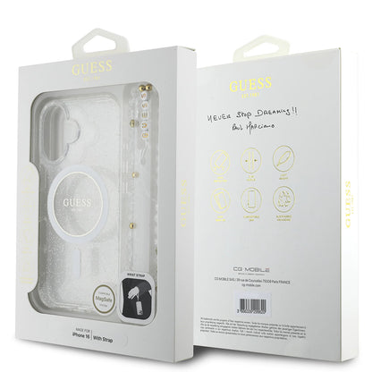 Coque MagSafe pour Apple iPhone 16 Plus, Guess, IML Glitter avec Lanière de Perles, Transparente