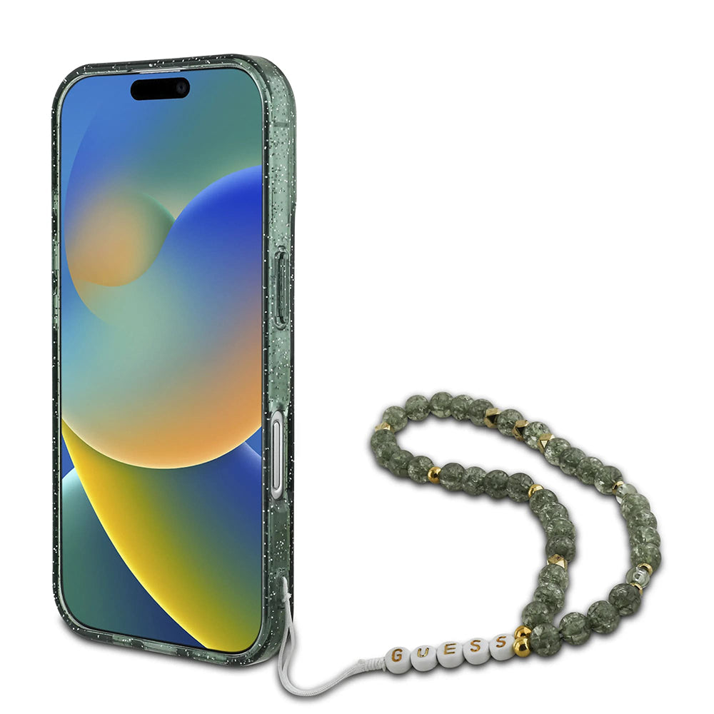 Coque MagSafe pour Apple iPhone 16 Plus, Guess, IML Glitter avec sangle perle, Vert