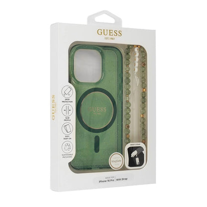 Coque MagSafe pour Apple iPhone 16 Plus, Guess, IML Glitter avec sangle perle, Vert