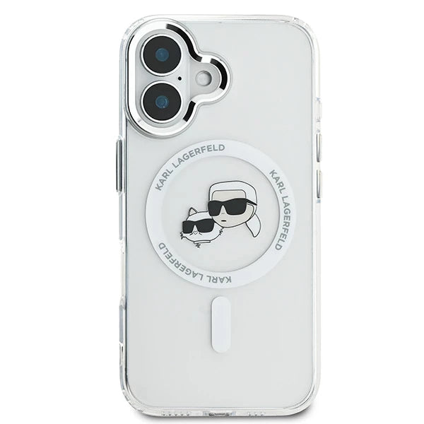 Coque MagSafe pour Apple iPhone 16 Plus, Karl Lagerfeld, IML Metal Karl & Choupette's Heads, Blanche