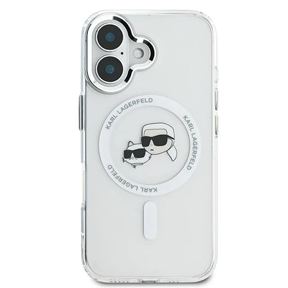 Coque MagSafe pour Apple iPhone 16 Plus, Karl Lagerfeld, IML Metal Karl & Choupette's Heads, Blanche
