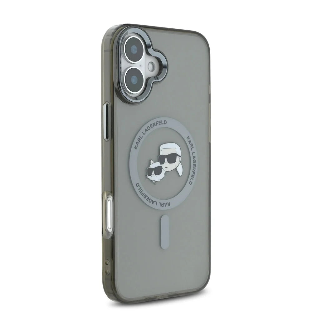 Housse MagSafe pour Apple iPhone 16 Plus, Karl Lagerfeld, IML Metal Karl & Choupette's Heads, Noire