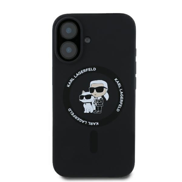 Coque MagSafe pour Apple iPhone 16 Plus, Karl Lagerfeld, Anneau en Silicone Karl & Choupette, Noire