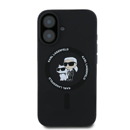 Coque MagSafe pour Apple iPhone 16 Plus, Karl Lagerfeld, Anneau en Silicone Karl & Choupette, Noire