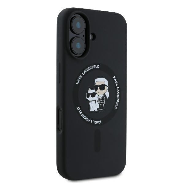 Coque MagSafe pour Apple iPhone 16 Plus, Karl Lagerfeld, Anneau en Silicone Karl & Choupette, Noire