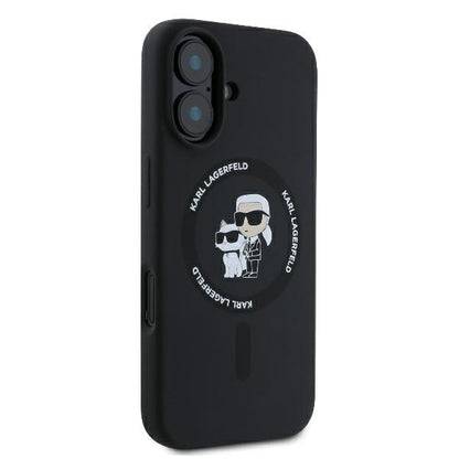 Coque MagSafe pour Apple iPhone 16 Plus, Karl Lagerfeld, Anneau en Silicone Karl & Choupette, Noire