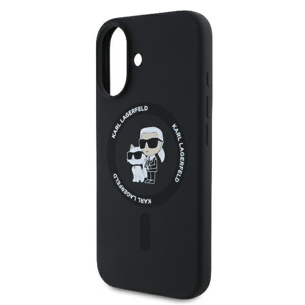 Coque MagSafe pour Apple iPhone 16 Plus, Karl Lagerfeld, Anneau en Silicone Karl & Choupette, Noire