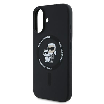 Coque MagSafe pour Apple iPhone 16 Plus, Karl Lagerfeld, Anneau en Silicone Karl & Choupette, Noire