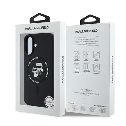 Coque MagSafe pour Apple iPhone 16 Plus, Karl Lagerfeld, Anneau en Silicone Karl & Choupette, Noire