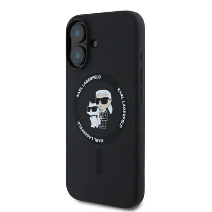Coque MagSafe pour Apple iPhone 16 Plus, Karl Lagerfeld, Anneau en Silicone Karl & Choupette, Noire