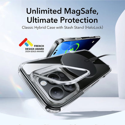 Coque MagSafe pour Apple iPhone 16 Pro, ESR, Classic Hybrid Kickstand, Gris Transparent