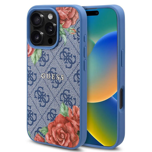 Coque MagSafe pour Apple iPhone 16 Pro, Guess, Imprimé Fleurs 4G, Bleue