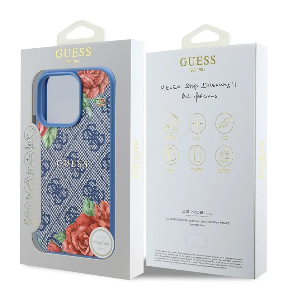 Coque MagSafe pour Apple iPhone 16 Pro, Guess, Imprimé Fleurs 4G, Bleue