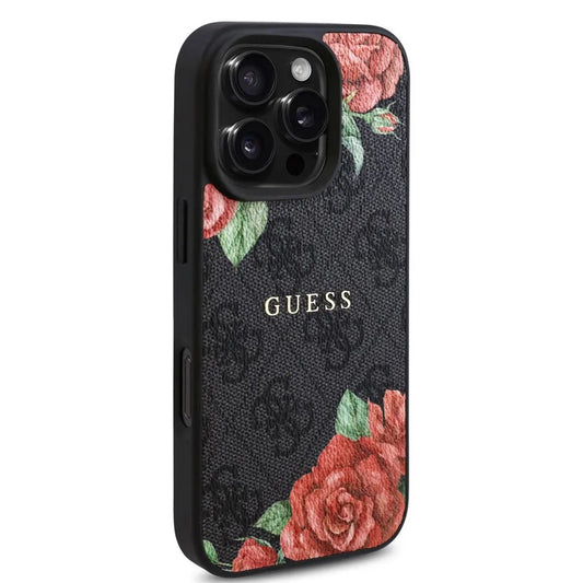 Coque MagSafe pour Apple iPhone 16 Pro, Guess, Imprimé Fleurs 4G, Noire