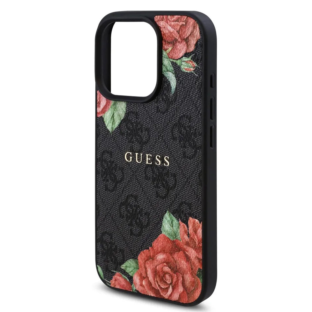 Coque MagSafe pour Apple iPhone 16 Pro, Guess, Imprimé Fleurs 4G, Noire