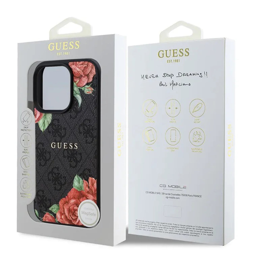 Coque MagSafe pour Apple iPhone 16 Pro, Guess, Imprimé Fleurs 4G, Noire