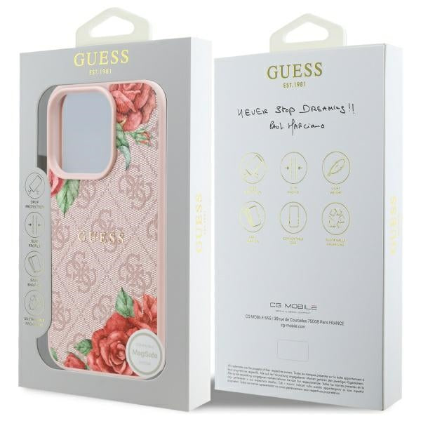 Coque MagSafe pour Apple iPhone 16 Pro, Guess, Imprimé Fleurs 4G, Rose