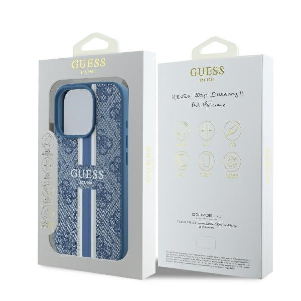 Étui MagSafe pour Apple iPhone 16 Pro, Guess, 4G Printed Stripes, Bleu