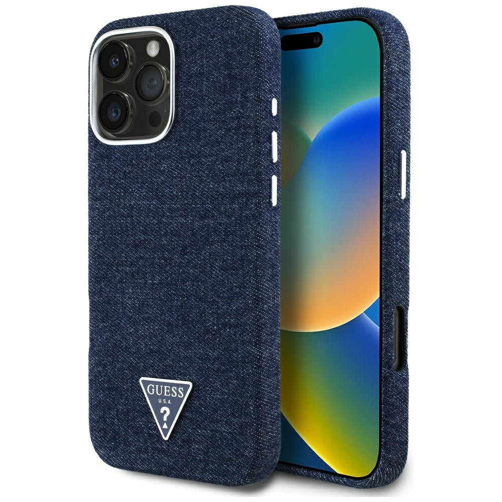 Coque MagSafe pour Apple iPhone 16 Pro, Guess, Logo Triangle en Denim, Bleue