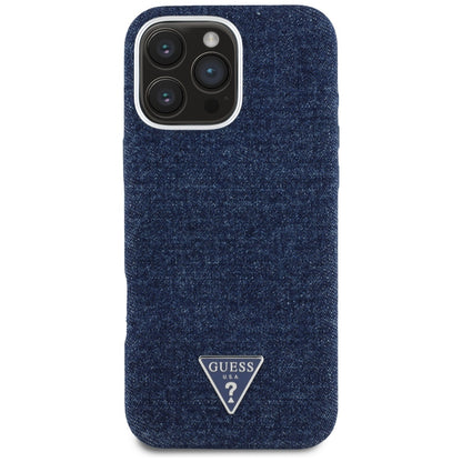 Coque MagSafe pour Apple iPhone 16 Pro, Guess, Logo Triangle en Denim, Bleue