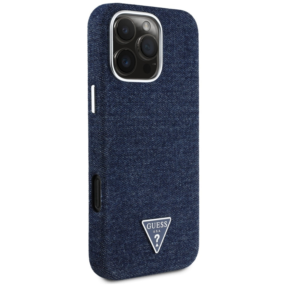 Coque MagSafe pour Apple iPhone 16 Pro, Guess, Logo Triangle en Denim, Bleue