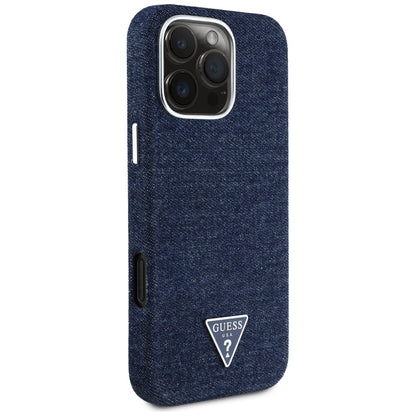 Coque MagSafe pour Apple iPhone 16 Pro, Guess, Logo Triangle en Denim, Bleue