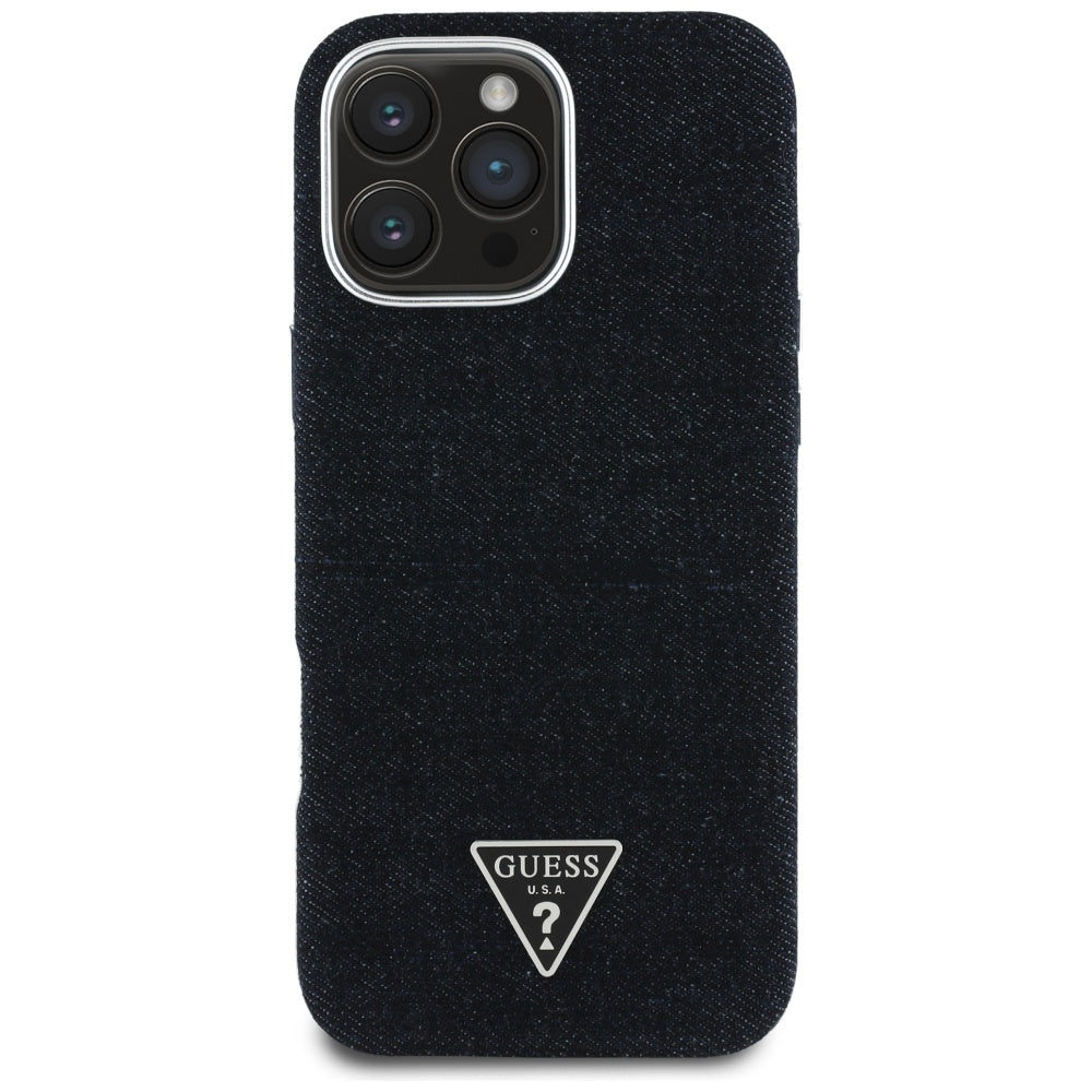Coque MagSafe pour Apple iPhone 16 Pro, Guess, Logo Triangle en Denim, Noire
