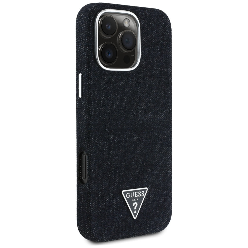 Coque MagSafe pour Apple iPhone 16 Pro, Guess, Logo Triangle en Denim, Noire