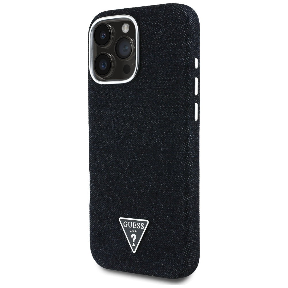 Coque MagSafe pour Apple iPhone 16 Pro, Guess, Logo Triangle en Denim, Noire