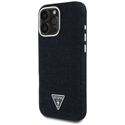 Coque MagSafe pour Apple iPhone 16 Pro, Guess, Logo Triangle en Denim, Noire