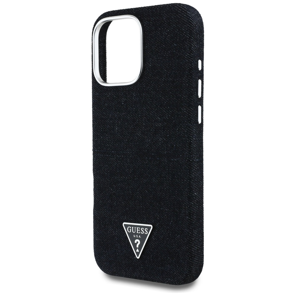 Coque MagSafe pour Apple iPhone 16 Pro, Guess, Logo Triangle en Denim, Noire