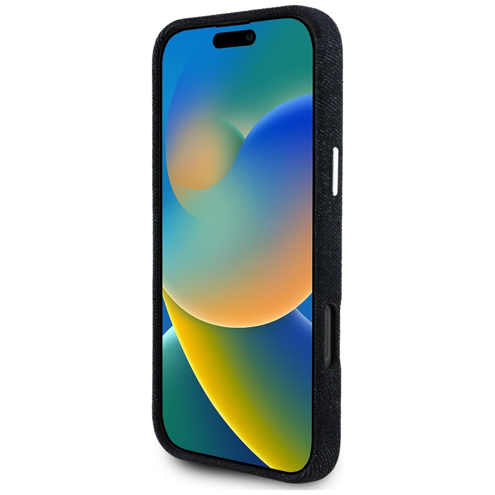 Coque MagSafe pour Apple iPhone 16 Pro, Guess, Logo Triangle en Denim, Noire