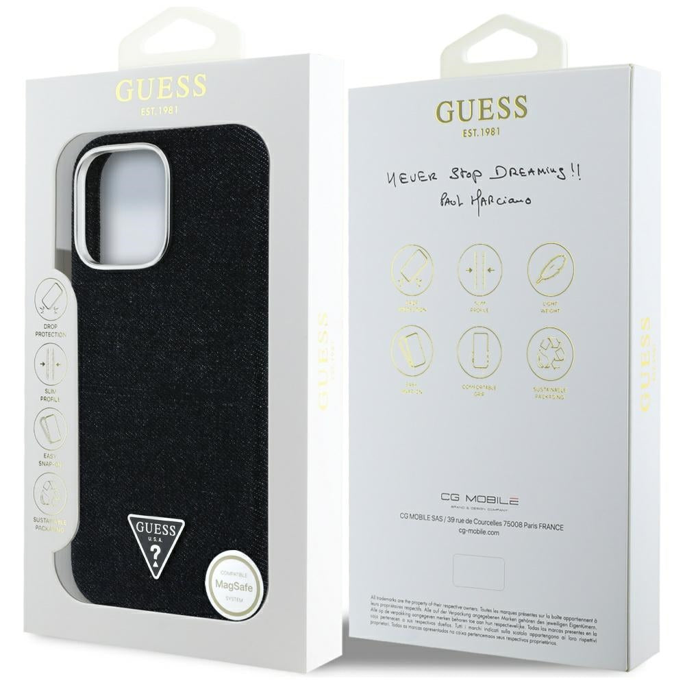 Coque MagSafe pour Apple iPhone 16 Pro, Guess, Logo Triangle en Denim, Noire