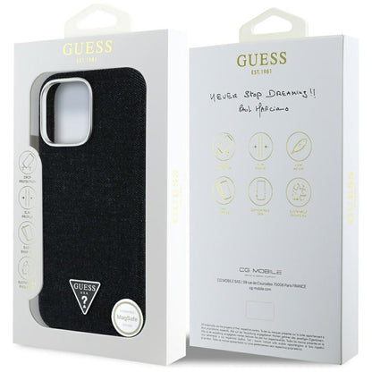 Coque MagSafe pour Apple iPhone 16 Pro, Guess, Logo Triangle en Denim, Noire