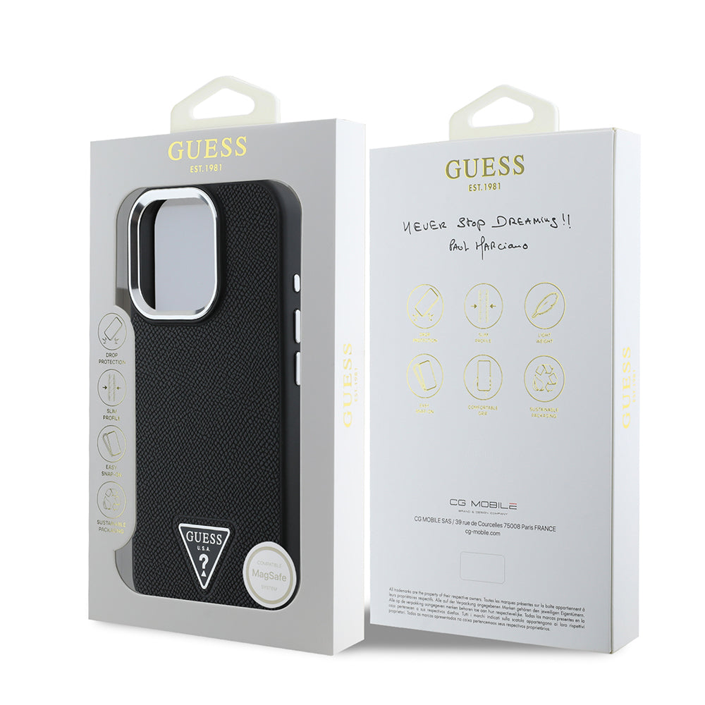 Étui MagSafe pour Apple iPhone 16 Pro, Guess, Logo Triangle Grainé, Noir