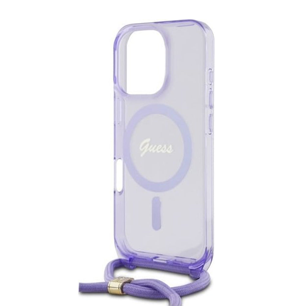 Étui MagSafe pour Apple iPhone 16 Pro, Guess, IML Crossbody Cord Script, Violet