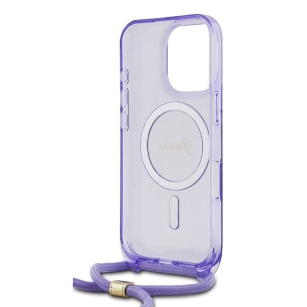 Étui MagSafe pour Apple iPhone 16 Pro, Guess, IML Crossbody Cord Script, Violet